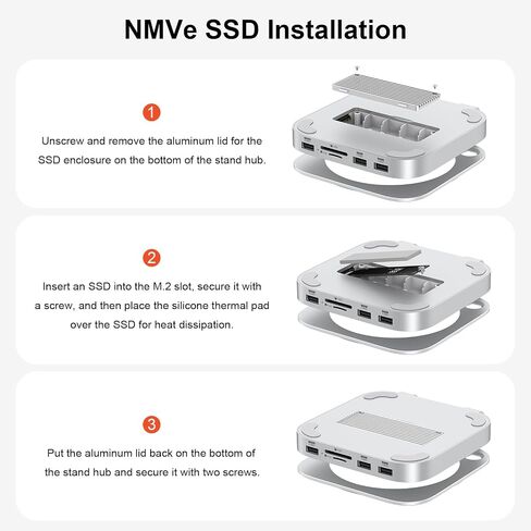 Qwiizlab Aluminum Stand Hub with SSD Enclosure, Docking Station for Mac mini M4/M4 Pro, 2 USB-A 10Gbps, TF/SD 4.0 Card Readers 312MB/s, USB-A 2.0, Fits M.2 NVMe SSD up to 8TB (Silver) in Saudi Arabia