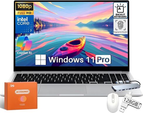 Samsung Galaxy Book4 Business Laptop Copilot AI PC, 15.6 FHD Display, Intel 10-Core 7 150U, 16 GB RAM, 1 TB SSD, 128GB UFD, 7-in-1 USB HUB, Backlit KB, Fingerprint, WiFi, Bluetooth, HDMI, Win 11 Pro in Kuwait