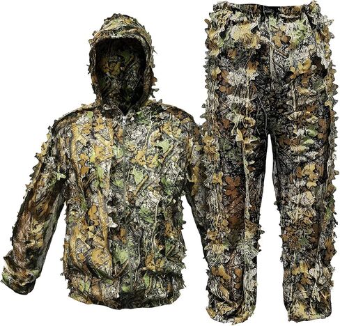 Ghillie Suit Outdoor Leafy Suit for Hunting Super Lightweight Hooded Camouflage Including Clothes Gloves Face Mask and Bag in Kuwait