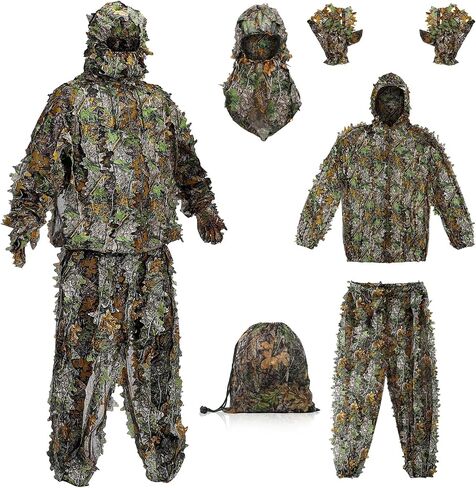 Ghillie Suit Outdoor Leafy Suit for Hunting Super Lightweight Hooded Camouflage Including Clothes Gloves Face Mask and Bag in Kuwait