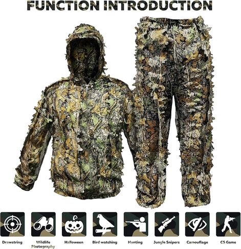 Ghillie Suit Outdoor Leafy Suit for Hunting Super Lightweight Hooded Camouflage Including Clothes Gloves Face Mask and Bag in Kuwait