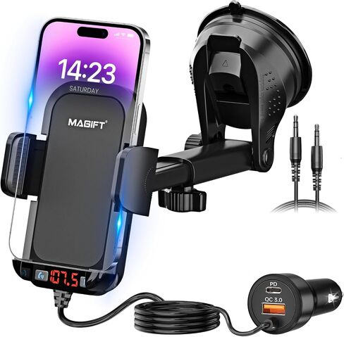 Bluetooth Car Adapter 3 in 1 FM Transmitter Car Radio Bluetooth Transmitter with Phone Holder, PD 54W Fast Charging, Strong Microphone, HiFi Bass Sound, Hands-Free Call, Support USB/TF Drive in Kuwait