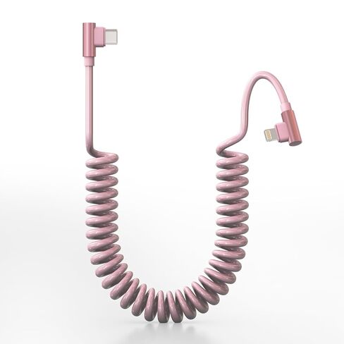Pink Car Charger Cable for Apple CarPlay - 90 Degree Coiled Lightning Cable with 480Mbps Data, 2.4A Fast Charge USB C to Lightning Retractable iPhone Charging Cord for iPhone14/13/12/11 Pro Max/iPad in Saudi Arabia