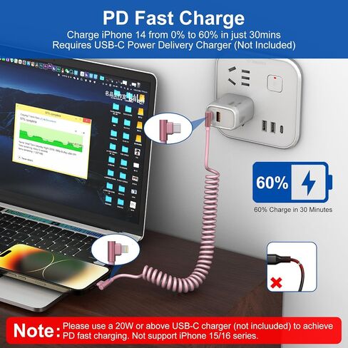 Pink Car Charger Cable for Apple CarPlay - 90 Degree Coiled Lightning Cable with 480Mbps Data, 2.4A Fast Charge USB C to Lightning Retractable iPhone Charging Cord for iPhone14/13/12/11 Pro Max/iPad in Saudi Arabia