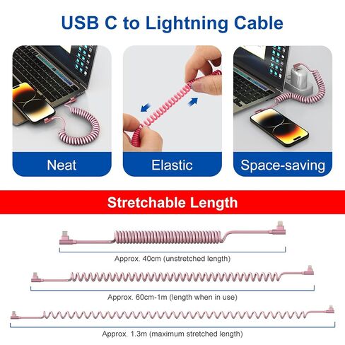 Pink Car Charger Cable for Apple CarPlay - 90 Degree Coiled Lightning Cable with 480Mbps Data, 2.4A Fast Charge USB C to Lightning Retractable iPhone Charging Cord for iPhone14/13/12/11 Pro Max/iPad in Saudi Arabia