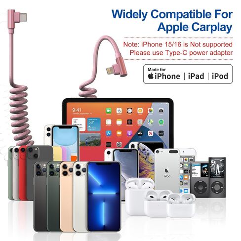 Pink Car Charger Cable for Apple CarPlay - 90 Degree Coiled Lightning Cable with 480Mbps Data, 2.4A Fast Charge USB C to Lightning Retractable iPhone Charging Cord for iPhone14/13/12/11 Pro Max/iPad in Saudi Arabia