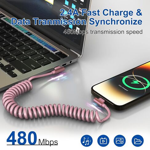 Pink Car Charger Cable for Apple CarPlay - 90 Degree Coiled Lightning Cable with 480Mbps Data, 2.4A Fast Charge USB C to Lightning Retractable iPhone Charging Cord for iPhone14/13/12/11 Pro Max/iPad in Saudi Arabia