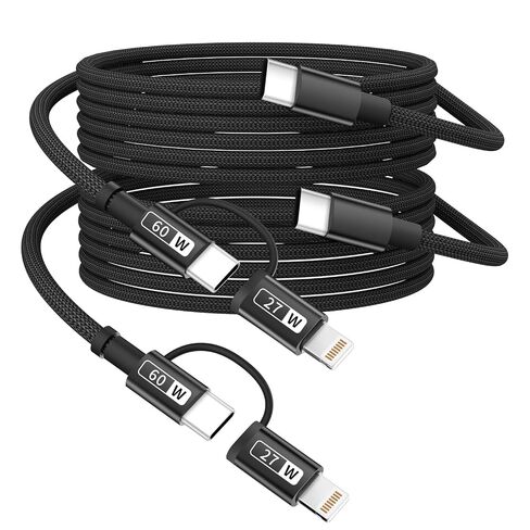 USB C and Light-ning Cable 2 in 1 60W Fast(2Pack 4FT), USB C Multi Charging Cable Charging Cords, Multiple Charger Cord Nylon Braided Compatible with iPhone16/15 Series/Phone/Pad/Laptop-Black in Kuwait