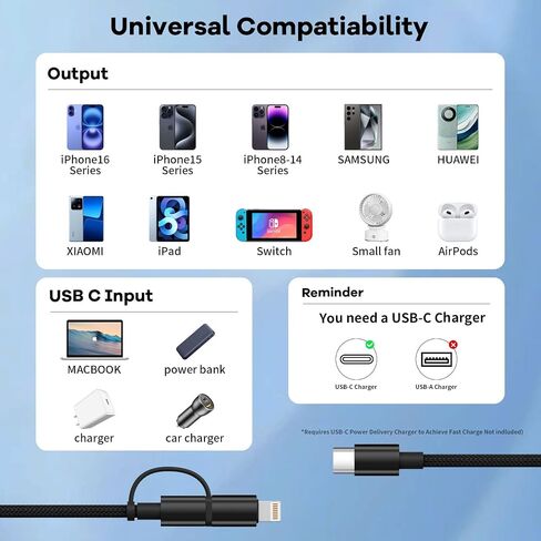 USB C and Light-ning Cable 2 in 1 60W Fast(2Pack 4FT), USB C Multi Charging Cable Charging Cords, Multiple Charger Cord Nylon Braided Compatible with iPhone16/15 Series/Phone/Pad/Laptop-Black in Kuwait