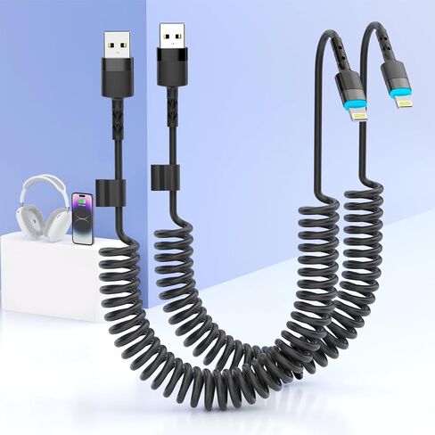 2Pack Apple CarPlay USB A to Lightning iPhone Coiled Charger Cable for Car,4Ft Short Charging Cord Sync Data Retractable Charger Connector for iPhone 14/13/12/11 SE/Xr/iPad【MFi Certified】-Black in Kuwait