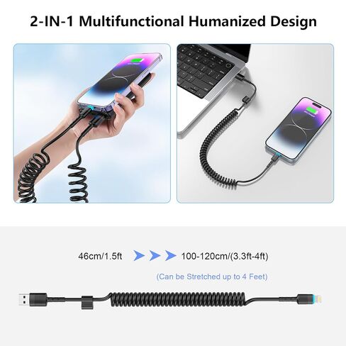2Pack Apple CarPlay USB A to Lightning iPhone Coiled Charger Cable for Car,4Ft Short Charging Cord Sync Data Retractable Charger Connector for iPhone 14/13/12/11 SE/Xr/iPad【MFi Certified】-Black in Kuwait