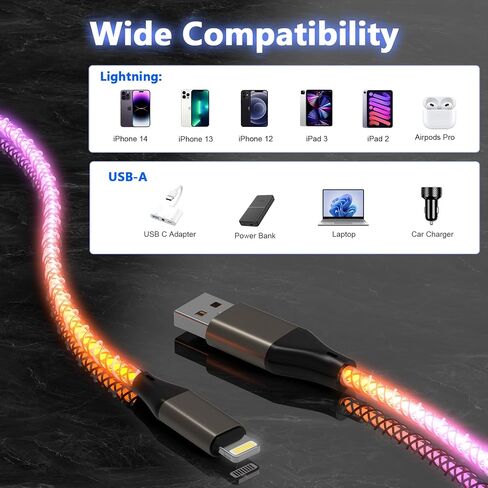Light Up LED Breathing Flowing LED USB A to Lightning Charger Cable,RGB Colorful Gradual Charging Cord for iPhone 14 Pro Max13/12/11 Pro Max/Mini/XS MAX/XR/XS/X/8/7/Plus iPad-3ft,[Apple MFi Certified] in Kuwait