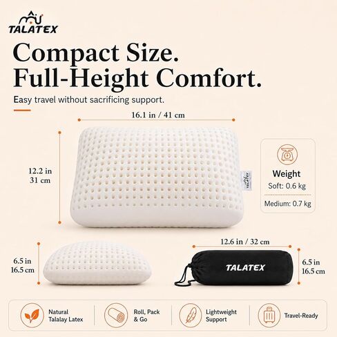 Talatex Premium 100% Natural Latex Talalay Travel Pillow, Camping Pillow, Small Camping Pillow with Compressible Stuff Sack, No Memory Foam Chemicals with Washable Cover (Soft) in Kuwait