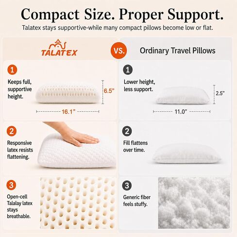 Talatex Premium 100% Natural Latex Talalay Travel Pillow, Camping Pillow, Small Camping Pillow with Compressible Stuff Sack, No Memory Foam Chemicals with Washable Cover (Soft) in Kuwait
