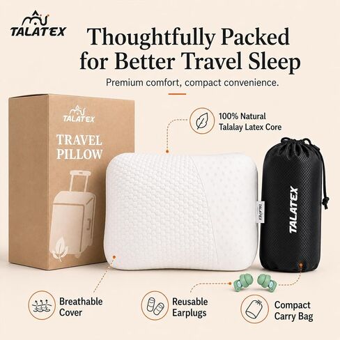 Talatex Premium 100% Natural Latex Talalay Travel Pillow, Camping Pillow, Small Camping Pillow with Compressible Stuff Sack, No Memory Foam Chemicals with Washable Cover (Soft) in Kuwait