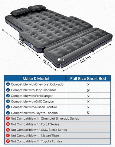 JOYTUTUS 5-5.2Ft Truck Bed Air Mattress with Removable Tailgate Extension, Thickened Inflatable 5ft Compact Short Truck Beds, Compatible with Tacoma&Ranger&Gladiator&Colorado&Canyon,Black in Kuwait