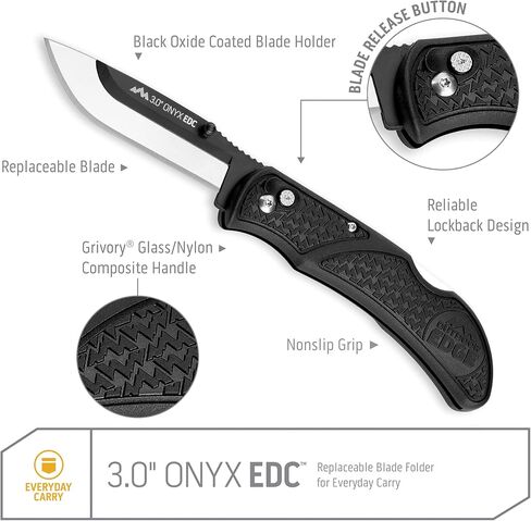 OUTDOOR EDGE 3.0" Onyx EDC with 3 Stainless & 6 Black Drop-Point Blade Pack | Pocket Knife with Replaceable Blades and Pocket Clip | The Perfect Razor Sharp EDC Knife in Kuwait