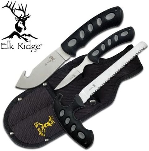 Elk Ridge - Outdoors 3-PC Hunting Knife Set - Satin Finish Stainless Steel Blades, Black Nylon Fiber Handles, Includes Combo Sheath - Hunting, Camping, Survival - ER-252 in Kuwait