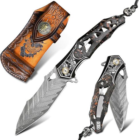 Handmade Men's Folding Pocket Knife, 9" Damascus Steel Folding Knife, Includes a leather sheath Pocket Clip, Carbon fiber handle with copper foil integration, Ideal for expedition camping, Outdoor Travel in Kuwait