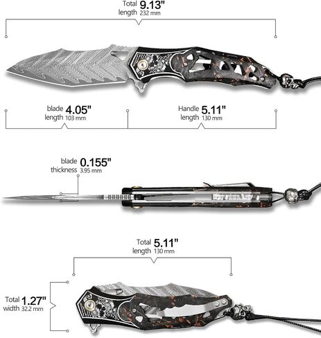 Handmade Men's Folding Pocket Knife, 9" Damascus Steel Folding Knife, Includes a leather sheath Pocket Clip, Carbon fiber handle with copper foil integration, Ideal for expedition camping, Outdoor Travel in Kuwait