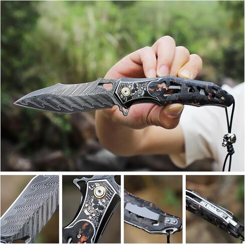 Handmade Men's Folding Pocket Knife, 9" Damascus Steel Folding Knife, Includes a leather sheath Pocket Clip, Carbon fiber handle with copper foil integration, Ideal for expedition camping, Outdoor Travel in Kuwait