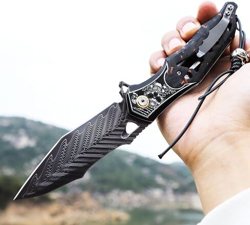 Handmade Men's Folding Pocket Knife, 9" Damascus Steel Folding Knife, Includes a leather sheath Pocket Clip, Carbon fiber handle with copper foil integration, Ideal for expedition camping, Outdoor Travel in Kuwait