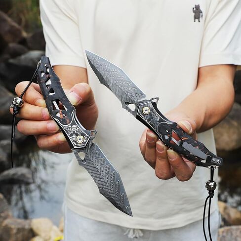 Handmade Men's Folding Pocket Knife, 9" Damascus Steel Folding Knife, Includes a leather sheath Pocket Clip, Carbon fiber handle with copper foil integration, Ideal for expedition camping, Outdoor Travel in Kuwait