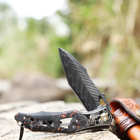 Handmade Men's Folding Pocket Knife, 9" Damascus Steel Folding Knife, Includes a leather sheath Pocket Clip, Carbon fiber handle with copper foil integration, Ideal for expedition camping, Outdoor Travel in Kuwait