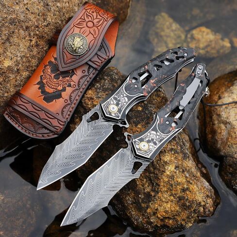 Handmade Men's Folding Pocket Knife, 9" Damascus Steel Folding Knife, Includes a leather sheath Pocket Clip, Carbon fiber handle with copper foil integration, Ideal for expedition camping, Outdoor Travel in Kuwait