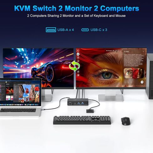 USB C HDMI KVM Switch 2 Monitors 2 Computers,4K@60HZ Dual Monitors KVM Switches for 2 PC/Laptops Share Mouse Keyboard and 2 Screens,4 USB3.0 Devices,Support 100W Charging for Laptop in Kuwait