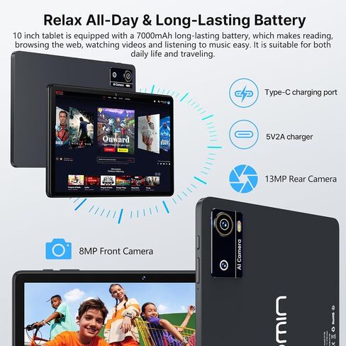 Android 16 Tablet 2026 Latest 10 Inch Tablet Octa-Core Processor AI Gemini 12GB RAM + 64GB ROM + 1TB Expand,7000mAh Battery,5GWiFi,8+13MP Camera 2in1 Tablets with Keyboard,Case,Mouse,Stylus in Kuwait
