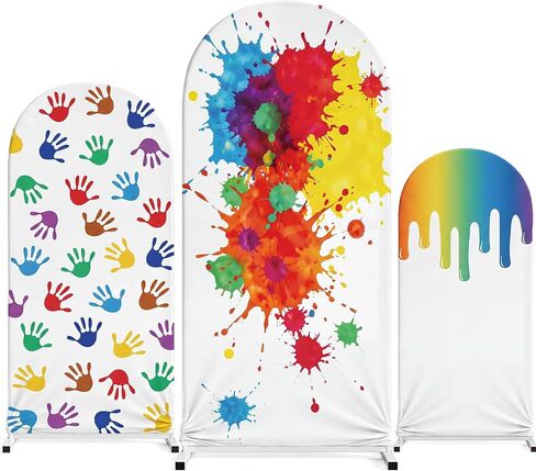 3 Pack Oil Paint Arch Cover Backdrop, Oil Handprint Spandex Arch Covers for 4ft 5ft 6ft Frame, Color Party Decorations for Birthday (Stand Not Included) in Kuwait