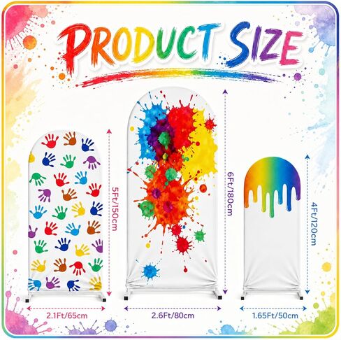 3 Pack Oil Paint Arch Cover Backdrop, Oil Handprint Spandex Arch Covers for 4ft 5ft 6ft Frame, Color Party Decorations for Birthday (Stand Not Included) in Kuwait