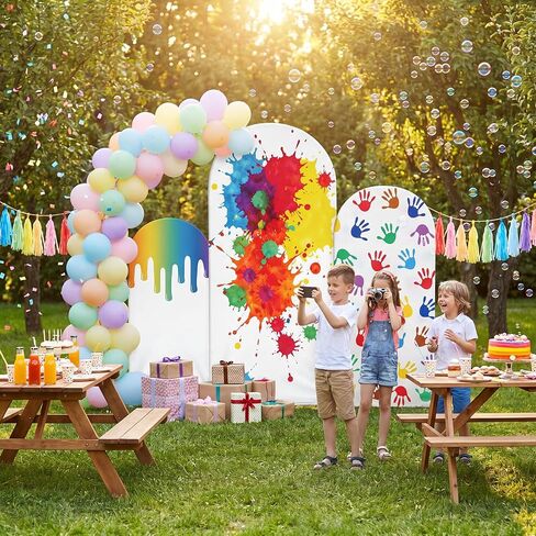 3 Pack Oil Paint Arch Cover Backdrop, Oil Handprint Spandex Arch Covers for 4ft 5ft 6ft Frame, Color Party Decorations for Birthday (Stand Not Included) in Kuwait