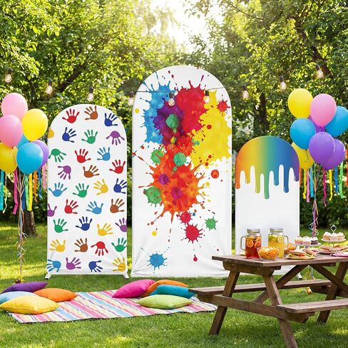 3 Pack Oil Paint Arch Cover Backdrop, Oil Handprint Spandex Arch Covers for 4ft 5ft 6ft Frame, Color Party Decorations for Birthday (Stand Not Included) in Kuwait
