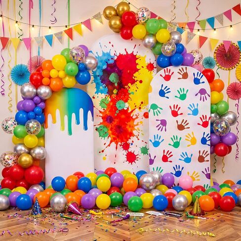 3 Pack Oil Paint Arch Cover Backdrop, Oil Handprint Spandex Arch Covers for 4ft 5ft 6ft Frame, Color Party Decorations for Birthday (Stand Not Included) in Kuwait