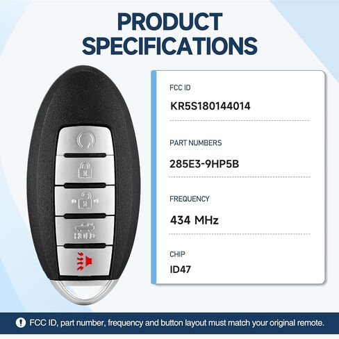 Remote Key Fob for Nissan Altima 2013 2014 2015,Maxima 2015 Replacement Car Keyless Entry KR5S180144014 285E3-9HP5B 433.92 47 S180144020 in Kuwait