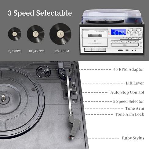 10 in 1 Vintage Record Player with External Speakers, 3 Speed Turntable with Bluetooth, CD Cassette Player, AM FM Radio, USB SD Playback, Remote Control for Home Entertainment, Black in Kuwait