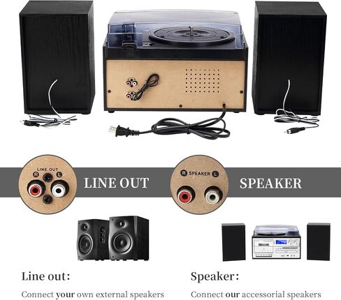 10 in 1 Vintage Record Player with External Speakers, 3 Speed Turntable with Bluetooth, CD Cassette Player, AM FM Radio, USB SD Playback, Remote Control for Home Entertainment, Black in Kuwait