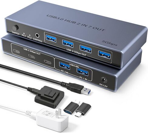 USB 3.0 Switch 2 in 7 Out, USB Switcher for 2 Computers Share 4 USB-A + 3 USB-C Devices - 5Gbps USB Switch Hub for Laptop Keyboard Mouse Printer with Controller, USB C Male Adapter, Power Adapter in Saudi Arabia