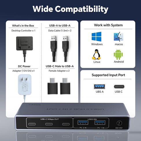 USB 3.0 Switch 2 in 7 Out, USB Switcher for 2 Computers Share 4 USB-A + 3 USB-C Devices - 5Gbps USB Switch Hub for Laptop Keyboard Mouse Printer with Controller, USB C Male Adapter, Power Adapter in Saudi Arabia