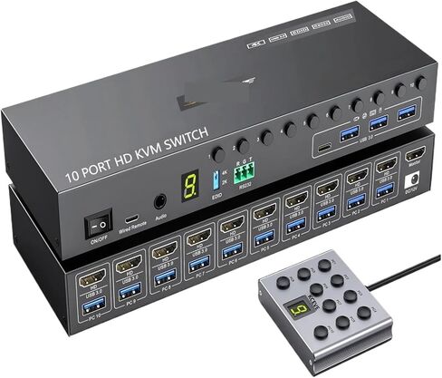 10 Port HDMI KVM Switch EDID Simulation,USB 3.0 Switch for 10 Computers Share 1 Monitor + 4 USB Devices with Audio(CAMGEET 1001) in Kuwait