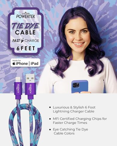 LIQUIPEL Powertek iPad & iPhone Lightning Charger Cable, Fast Charging 6ft MFI, Tie Dye Black (Purple) in Kuwait