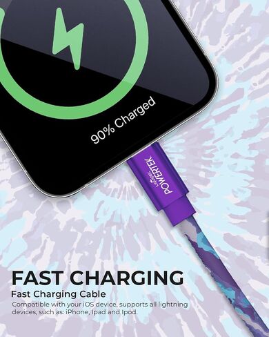 LIQUIPEL Powertek iPad & iPhone Lightning Charger Cable, Fast Charging 6ft MFI, Tie Dye Black (Purple) in Kuwait