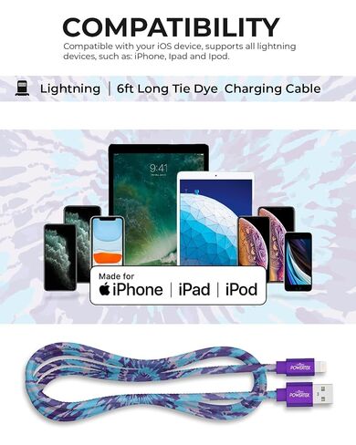 LIQUIPEL Powertek iPad & iPhone Lightning Charger Cable, Fast Charging 6ft MFI, Tie Dye Black (Purple) in Kuwait