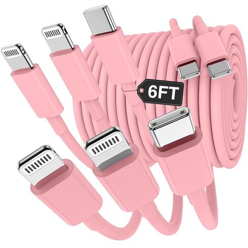 Hzevn 3 in 1 Multi i-Phone Charger Cable 6FT, USB C to Lightning Cable with 3 Ports for iPhone 16/15/14/13/12/11 Pro Max/XS/XR/8 & iPad Pro/Mini/,Apple Fast Charging Cord (2-Pack, Pink) in Kuwait