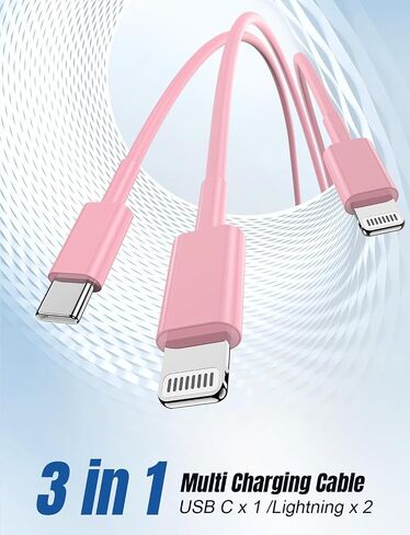 Hzevn 3 in 1 Multi i-Phone Charger Cable 6FT, USB C to Lightning Cable with 3 Ports for iPhone 16/15/14/13/12/11 Pro Max/XS/XR/8 & iPad Pro/Mini/,Apple Fast Charging Cord (2-Pack, Pink) in Kuwait