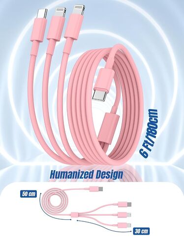 Hzevn 3 in 1 Multi i-Phone Charger Cable 6FT, USB C to Lightning Cable with 3 Ports for iPhone 16/15/14/13/12/11 Pro Max/XS/XR/8 & iPad Pro/Mini/,Apple Fast Charging Cord (2-Pack, Pink) in Kuwait