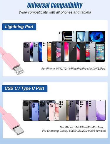 Hzevn 3 in 1 Multi i-Phone Charger Cable 6FT, USB C to Lightning Cable with 3 Ports for iPhone 16/15/14/13/12/11 Pro Max/XS/XR/8 & iPad Pro/Mini/,Apple Fast Charging Cord (2-Pack, Pink) in Kuwait