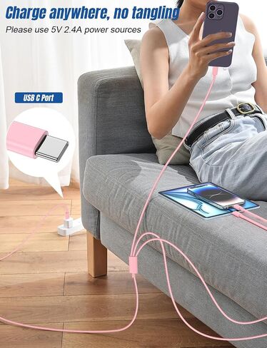 Hzevn 3 in 1 Multi i-Phone Charger Cable 6FT, USB C to Lightning Cable with 3 Ports for iPhone 16/15/14/13/12/11 Pro Max/XS/XR/8 & iPad Pro/Mini/,Apple Fast Charging Cord (2-Pack, Pink) in Kuwait